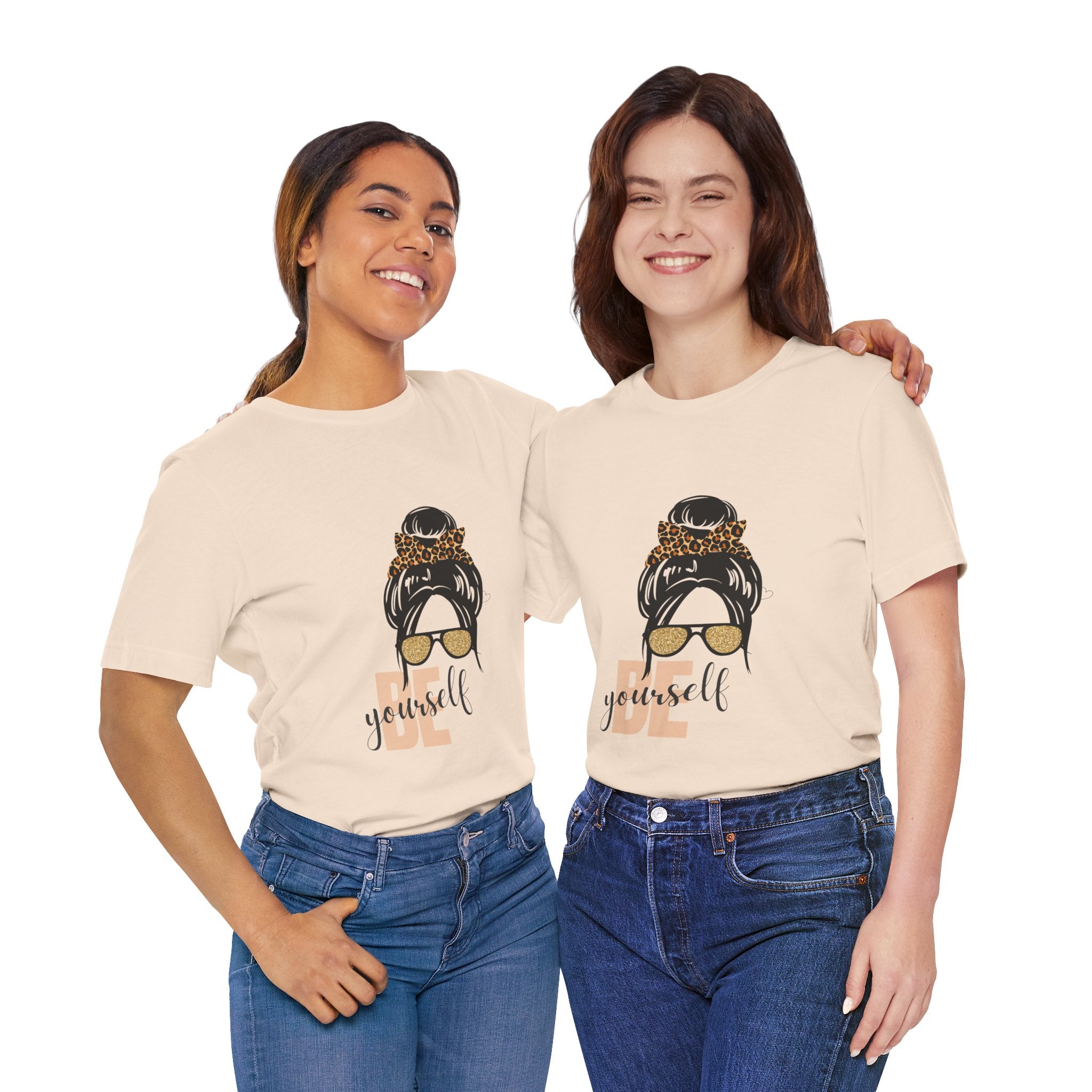 Be Yourself Leopard Bun Girl T-Shirt - Glitter Sunglasses Graphic Shirt