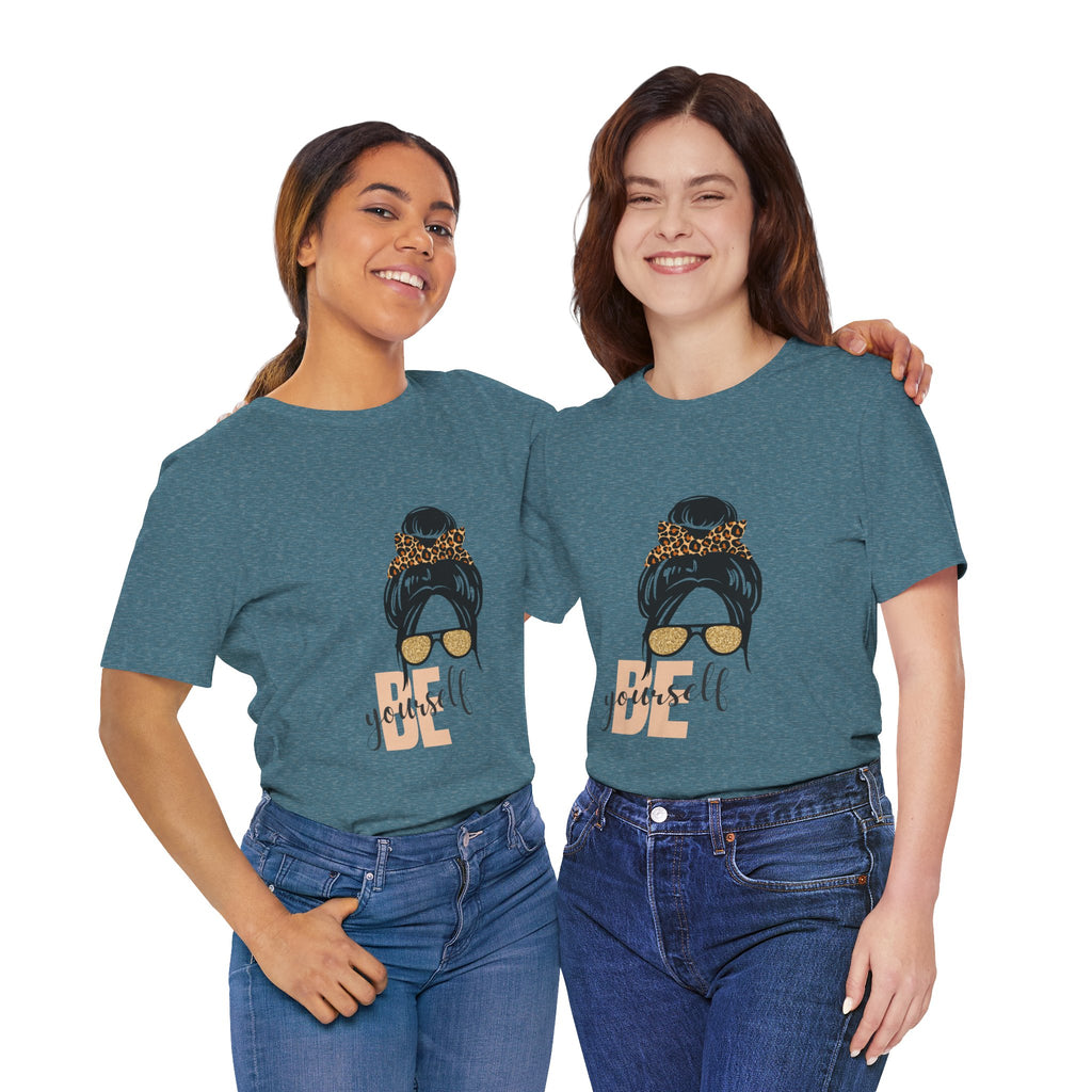 Be Yourself Leopard Bun Girl T-Shirt - Glitter Sunglasses Graphic Shirt