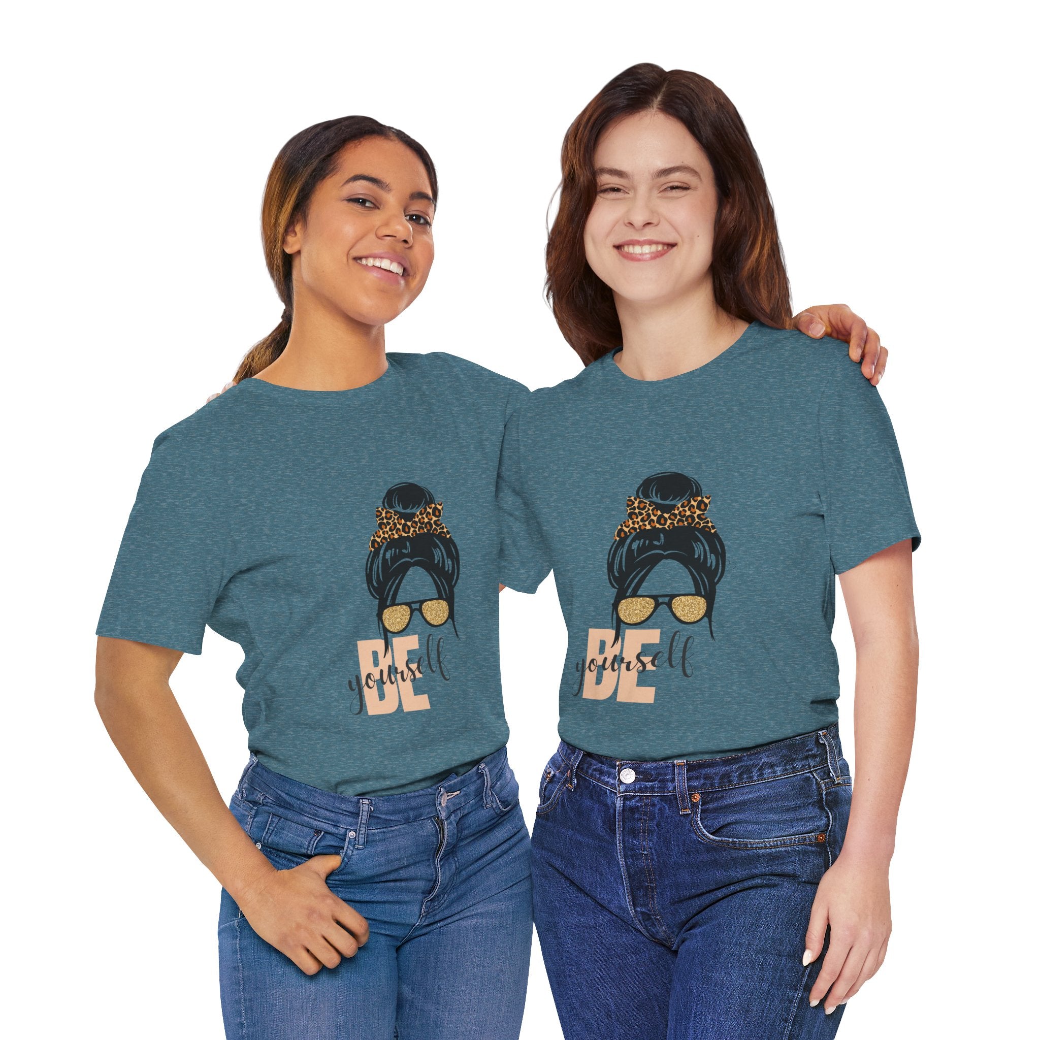 Be Yourself Leopard Bun Girl T-Shirt - Glitter Sunglasses Graphic Shirt