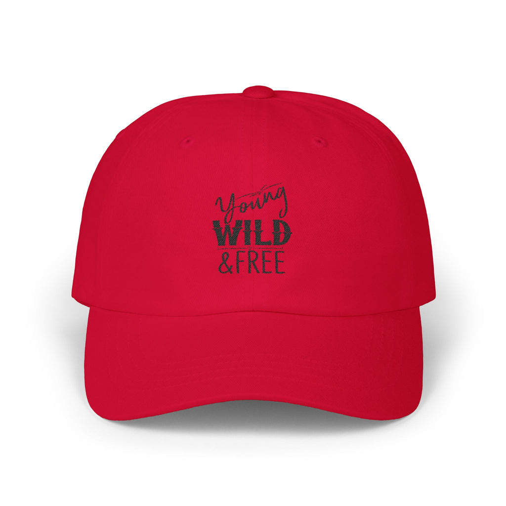 Red cap with 'Young Wild & Free' text on a white background