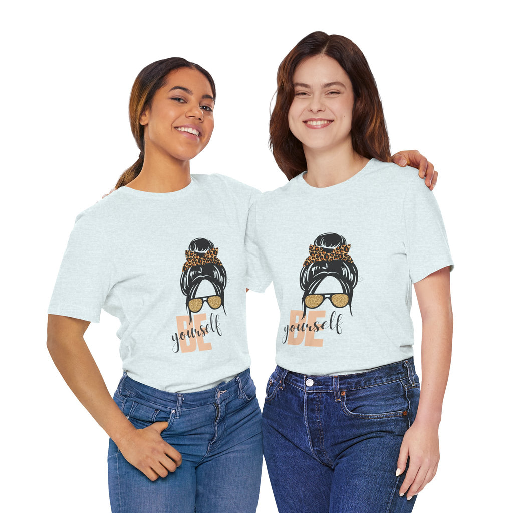 Be Yourself Leopard Bun Girl T-Shirt - Glitter Sunglasses Graphic Shirt