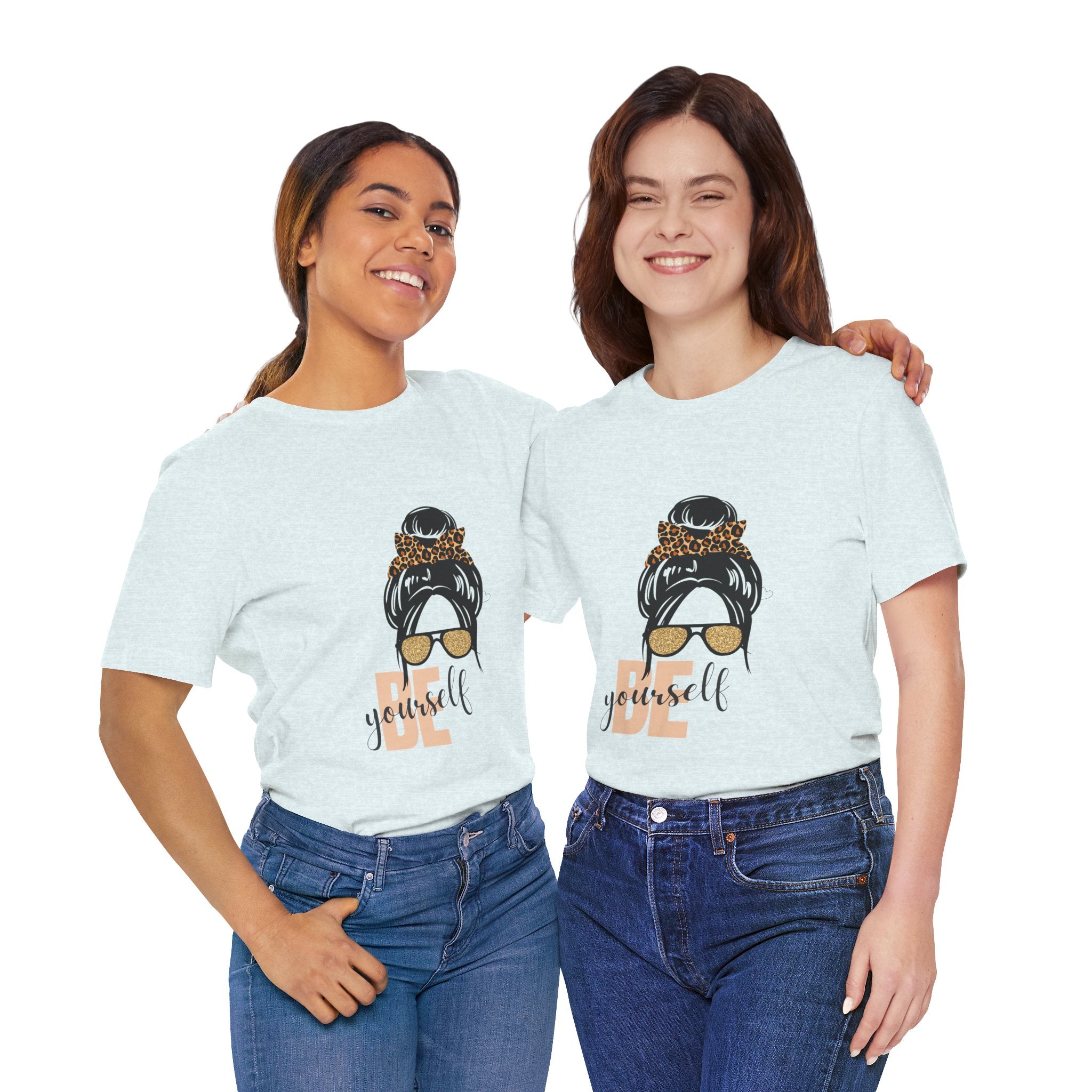 Be Yourself Leopard Bun Girl T-Shirt - Glitter Sunglasses Graphic Shirt