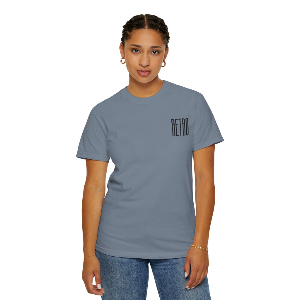 Person wearing a gray t-shirt with 'Retro' text on a white background