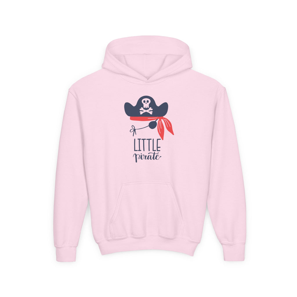 Pink hoodie with a pirate design and text on a white background