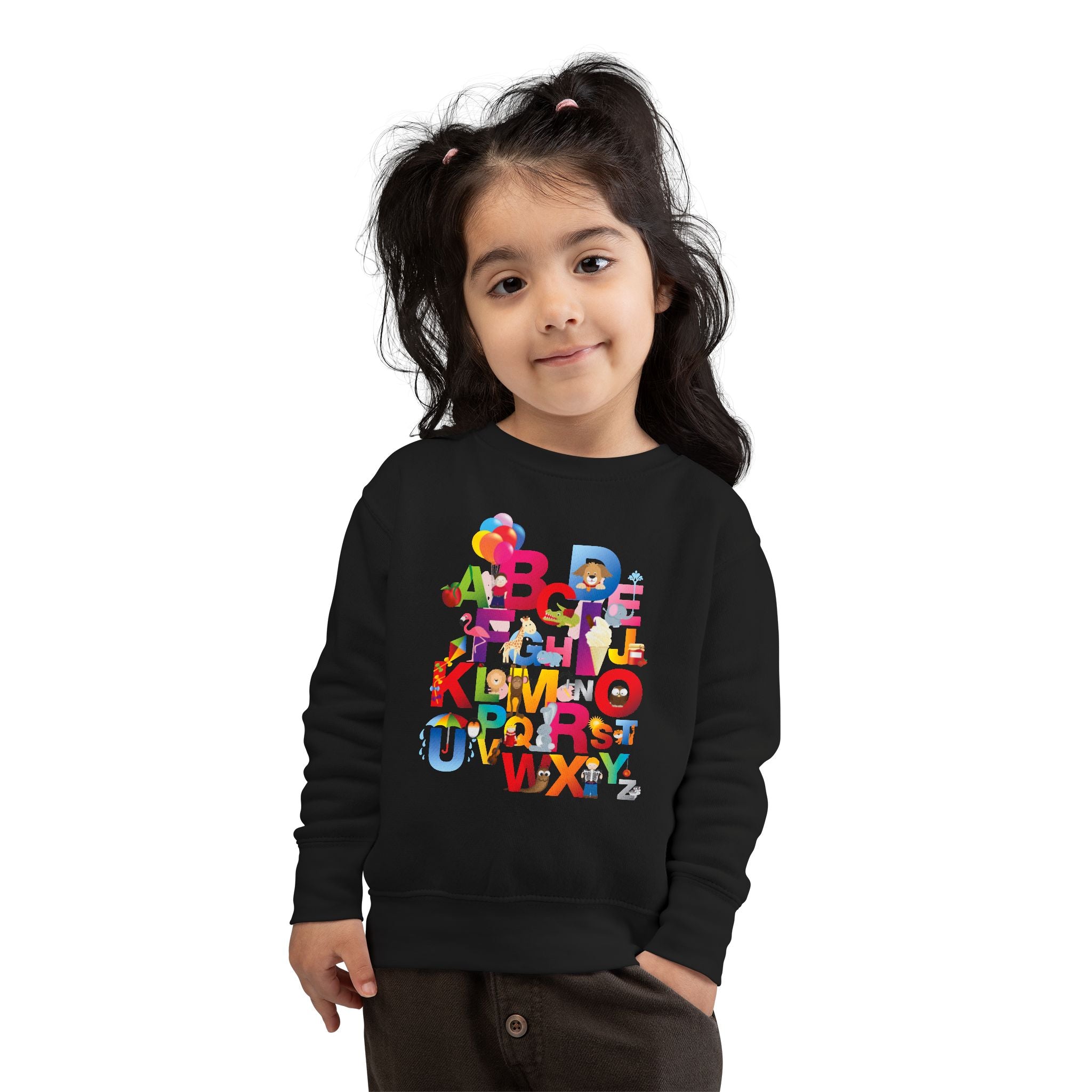 Child wearing a black sweatshirt with colorful alphabet design on a white background