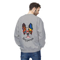 Person wearing a gray sweatshirt with a colorful dog graphic and 'Dog person' text on the back.