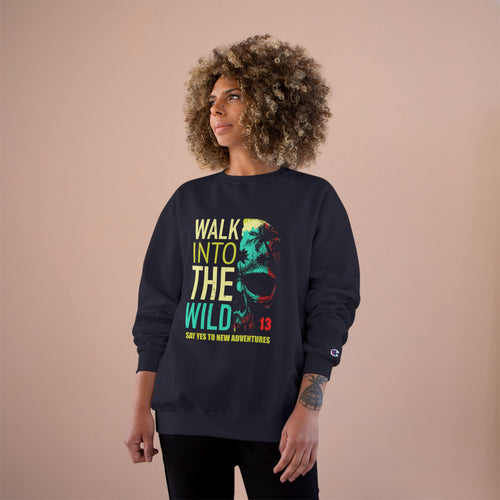 Woman wearing a navy sweatshirt with text and graphic design on a beige background
