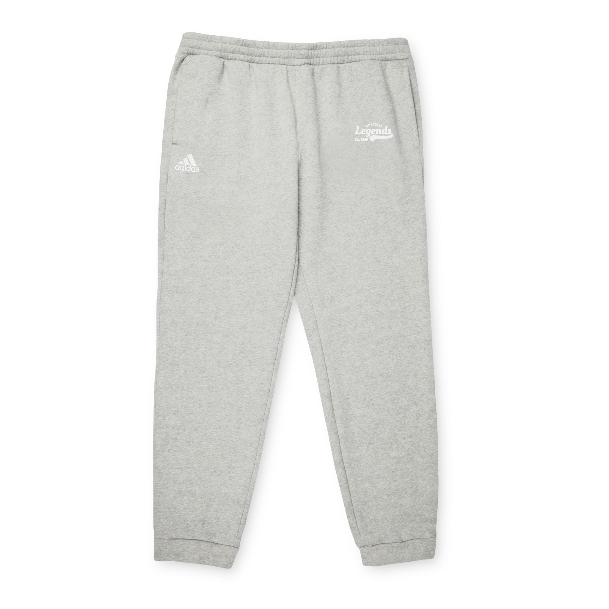Gray sweatpants with brand logos on a white background