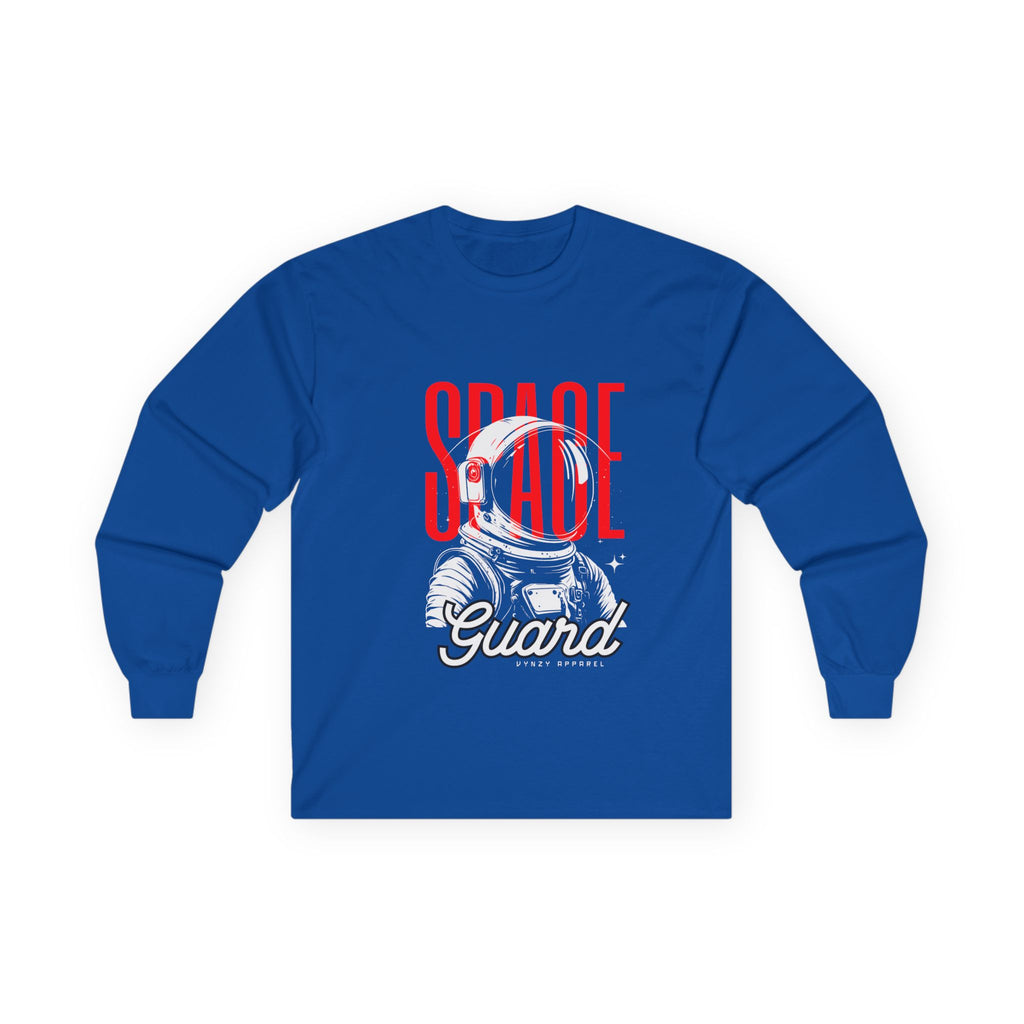 Blue long-sleeve shirt with space-themed graphic and text on a white background