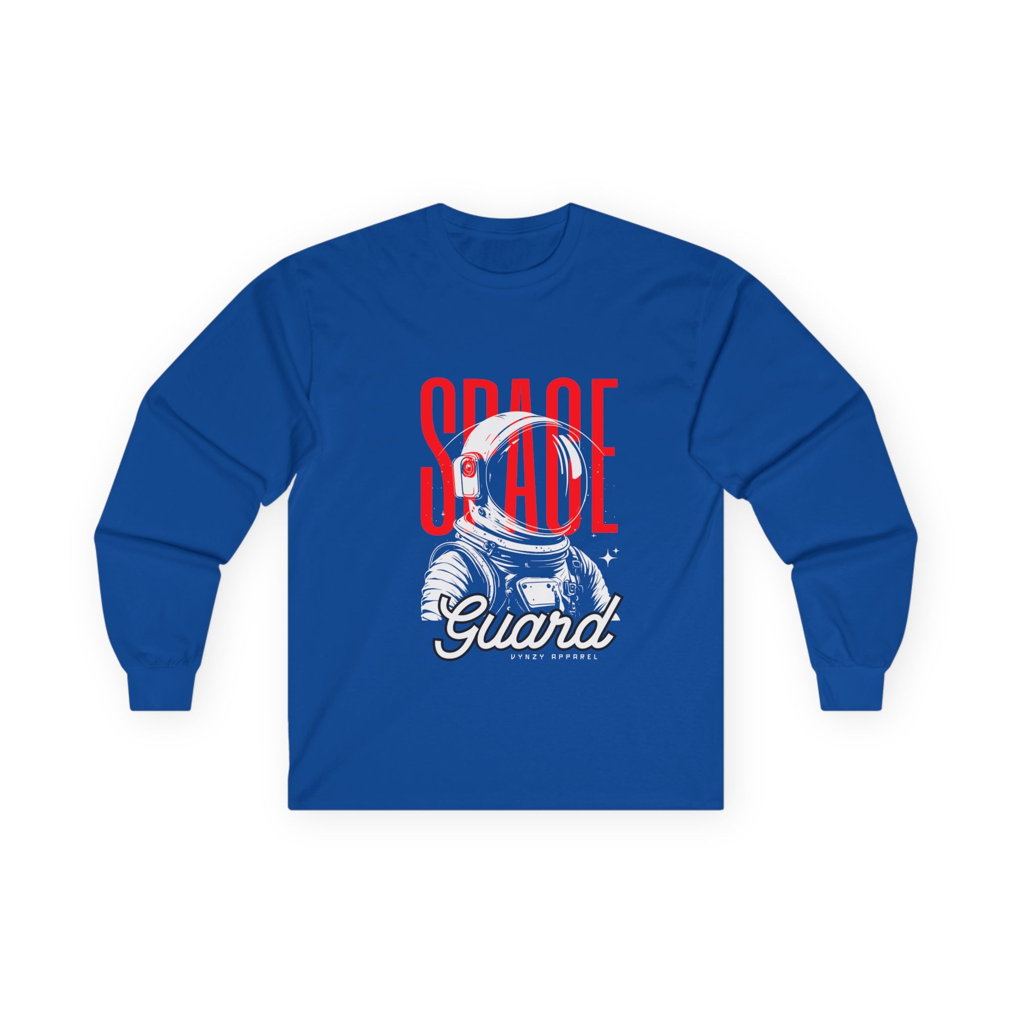 Blue long-sleeve shirt with space-themed graphic and text on a white background