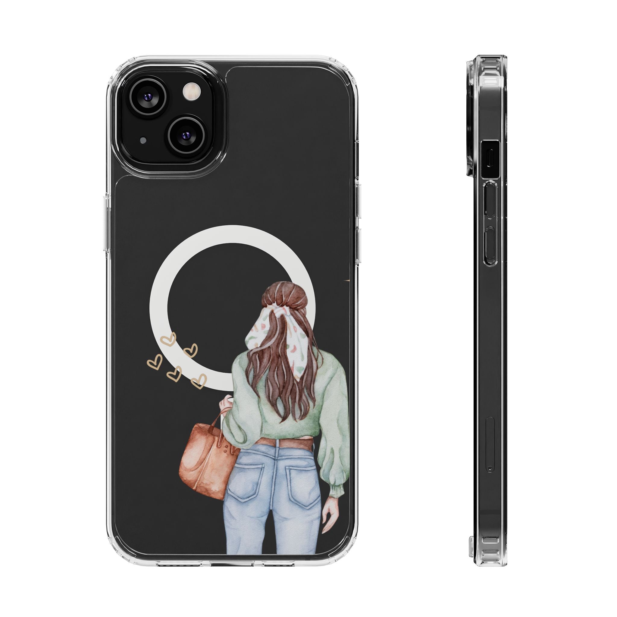 Phone case with a design of a person holding earrings and a handbag, on a black background.