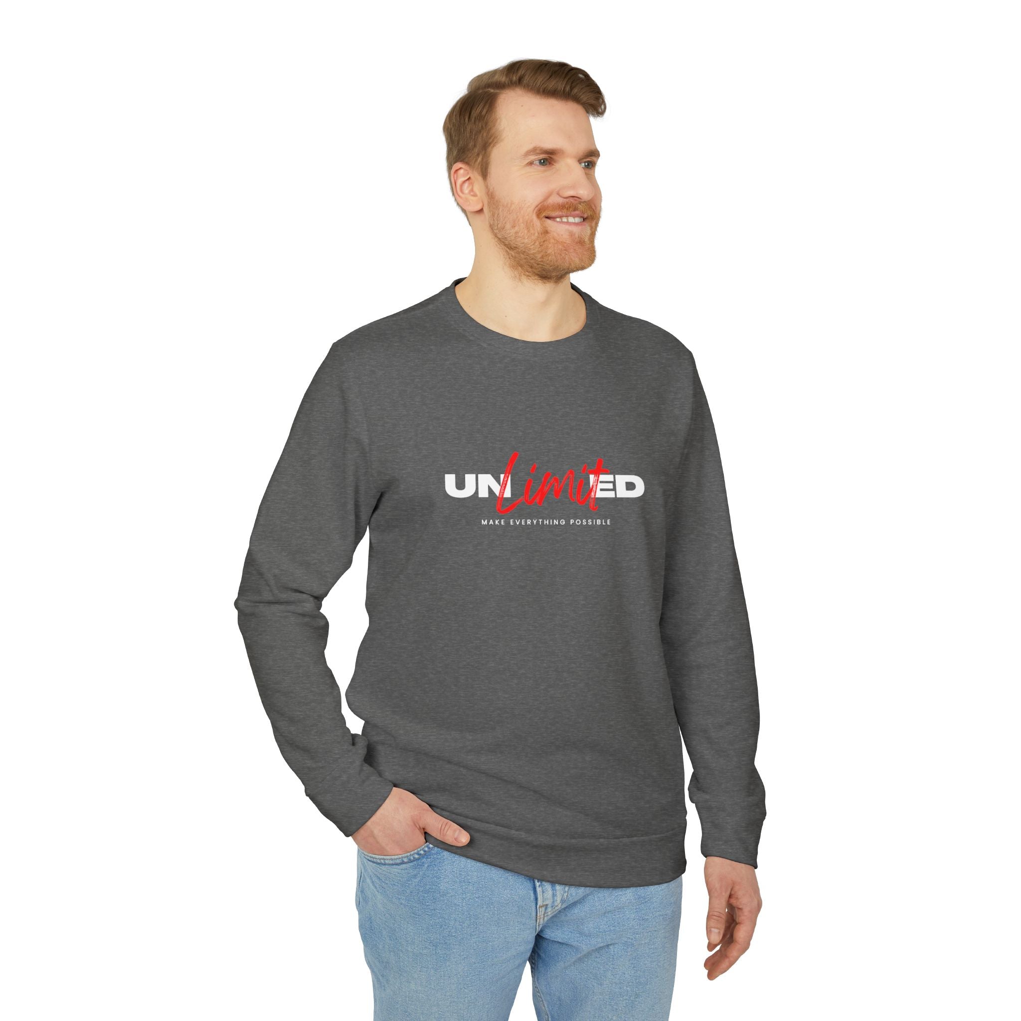 Copy of Unlimited Crewneck Sweatshirt — Bold Red Script Motivational Graphic Male